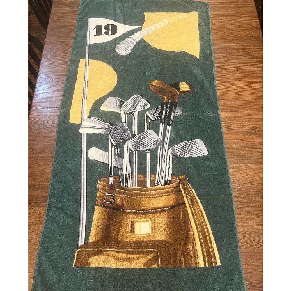 Vintage Hilasal Golf Beach Towel 19th Hole Clubs Flag Ball 100% Cotton Green